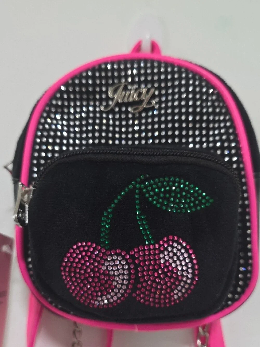 Juicy Couture Black & Hot Pink Rhinestone Cherry Mini Backpack